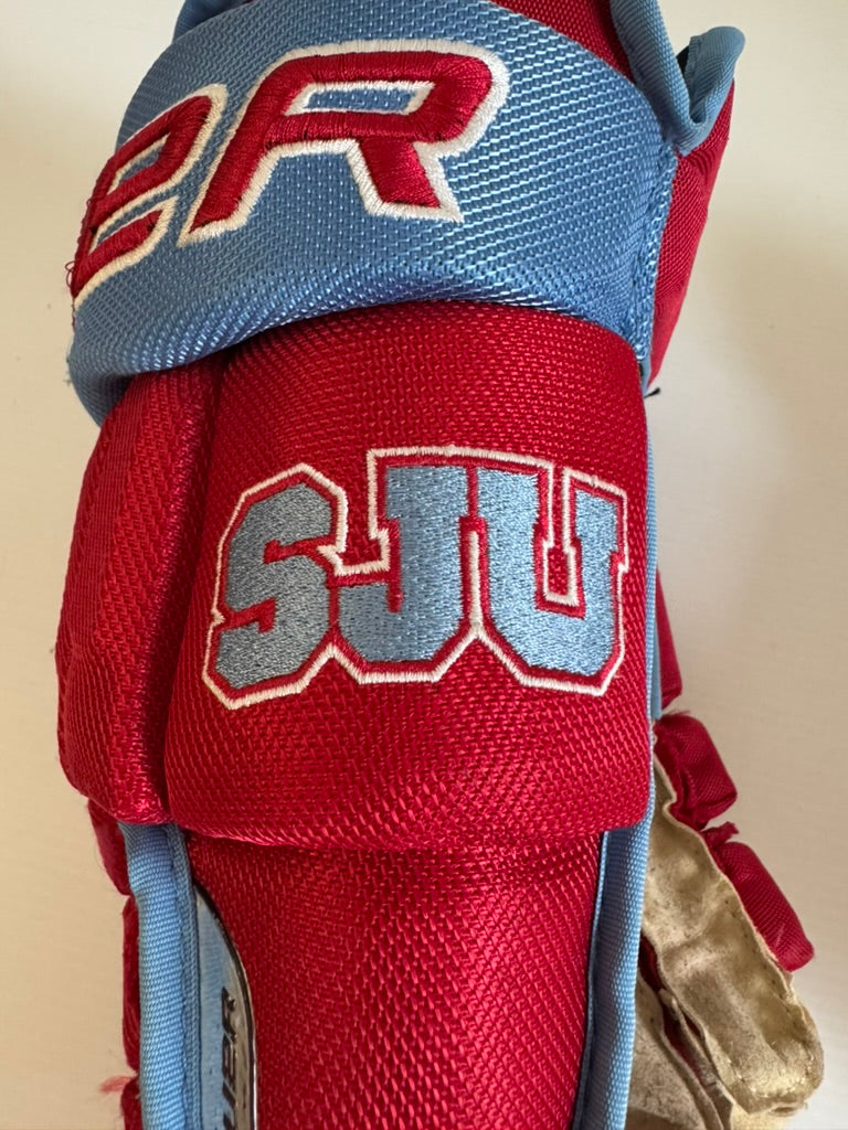 Used Pro Stock Bauer Vapor Team Pro Gloves 14" – Red/Baby Blue (NCAA)