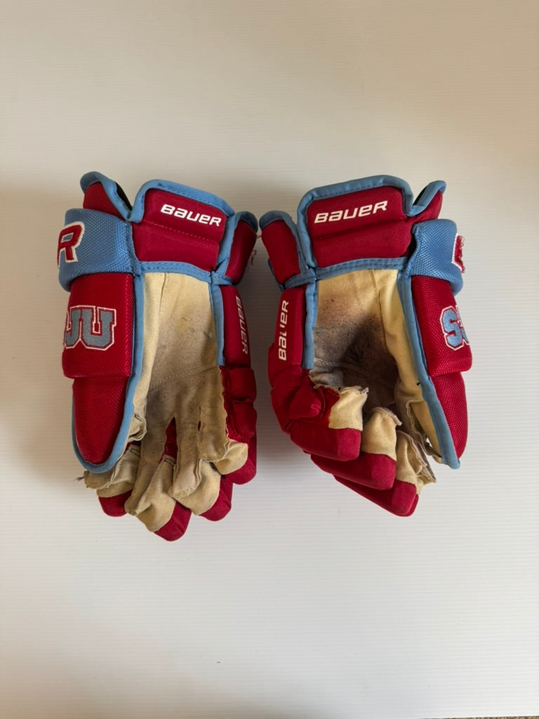 Used Pro Stock Bauer Vapor Team Pro Gloves 14" – Red/Baby Blue (NCAA)