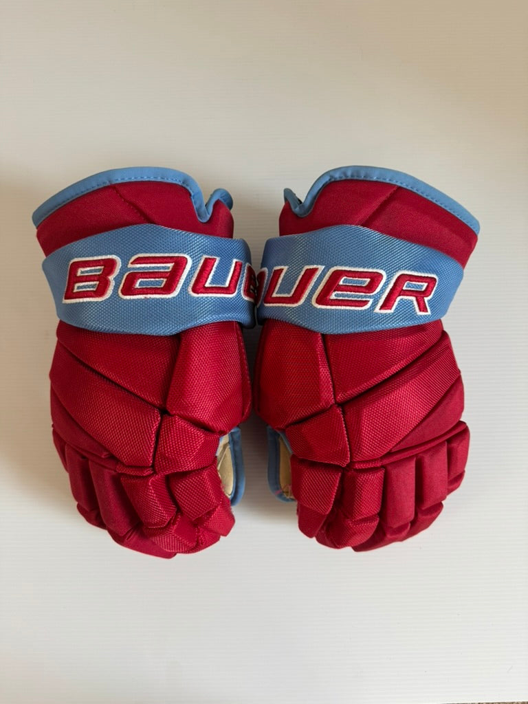 Like New Pro Stock Bauer Vapor Team Pro Gloves 15" – Red/Baby Blue (NCAA)