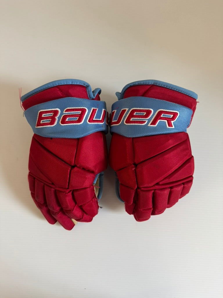 Used Pro Stock Bauer Vapor Team Pro Gloves 14" – Red/Baby Blue (NCAA)