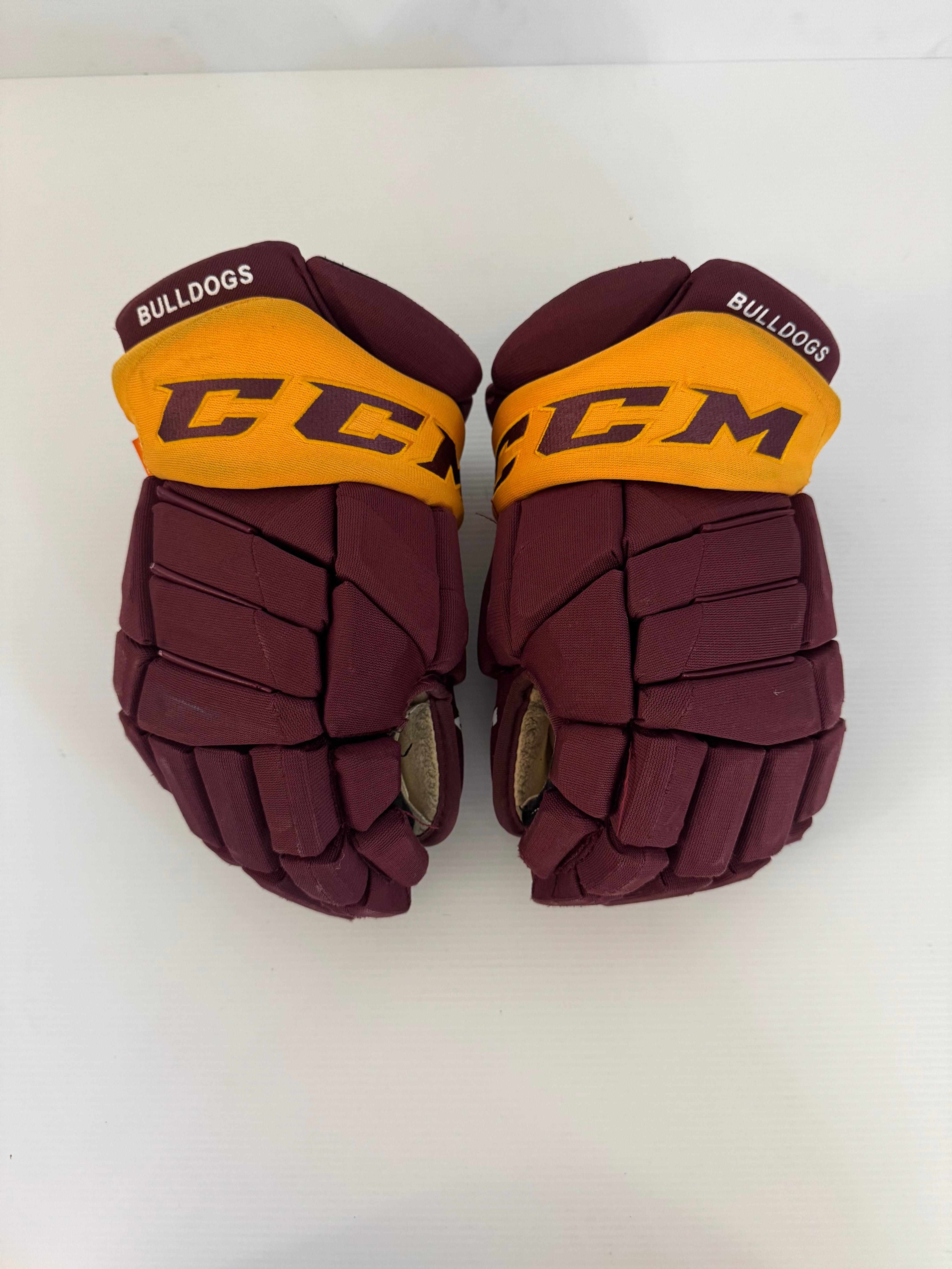 Used CCM HGPJS Senior 15" Pro Stock Hockey Gloves – Maroon/Gold (NCAA)