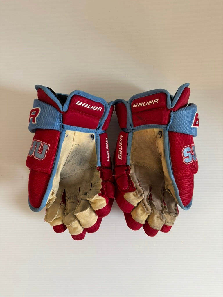 Used Pro Stock Bauer Vapor Team Pro Gloves 15" – Red/Baby Blue (NCAA)
