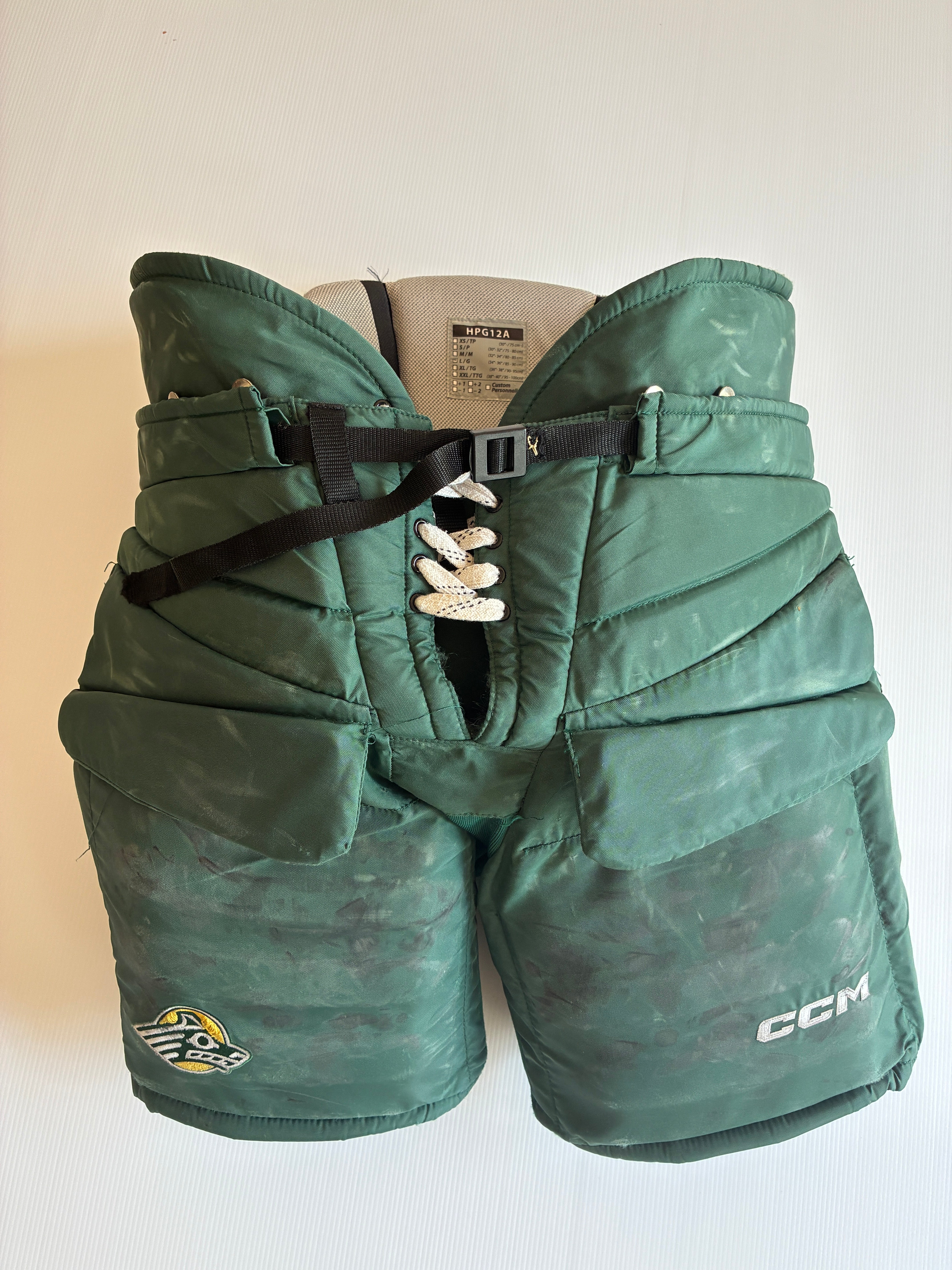 Used Senior Large CCM HPG12A Hockey Goalie Pants - Green/Gold